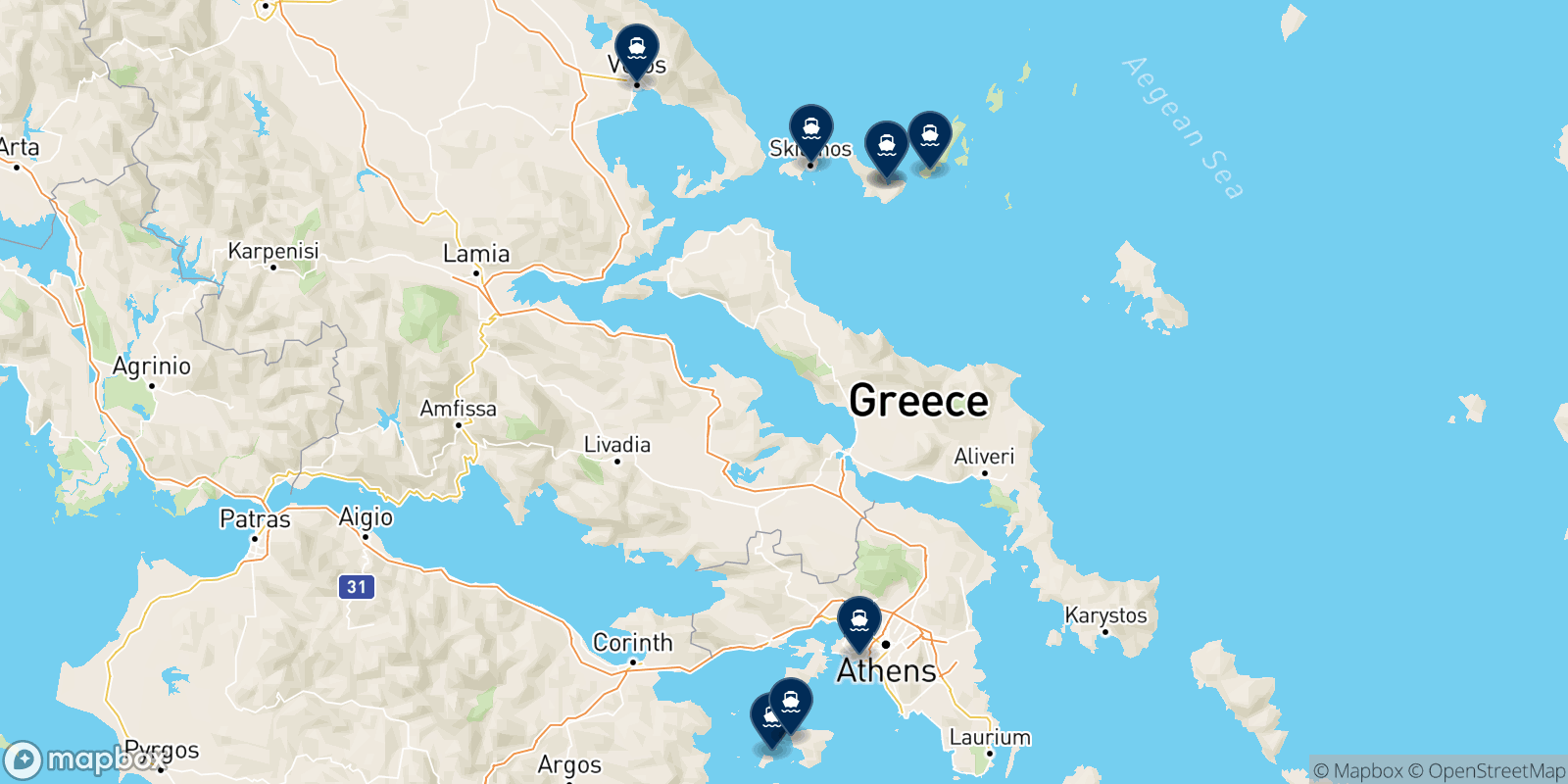 Mapa de los destinos Aegean Flying Dolphins