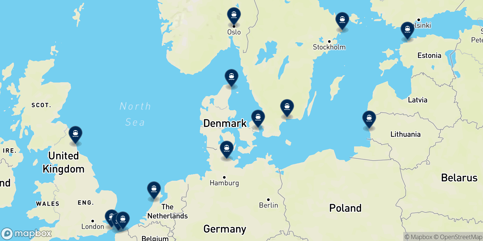Mapa de los destinos Dfds