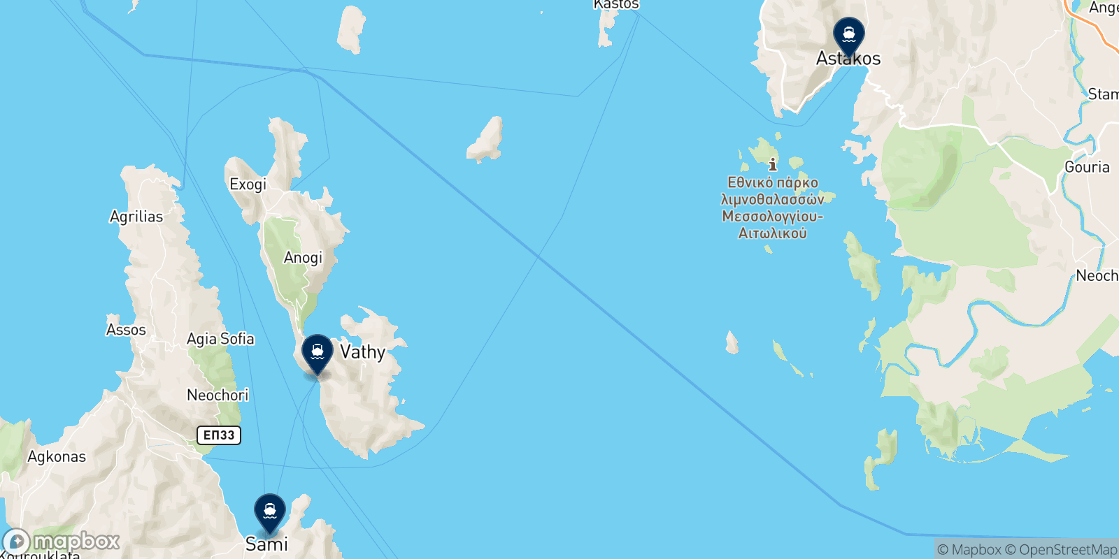 Mapa de los destinos Ionion Pelagos
