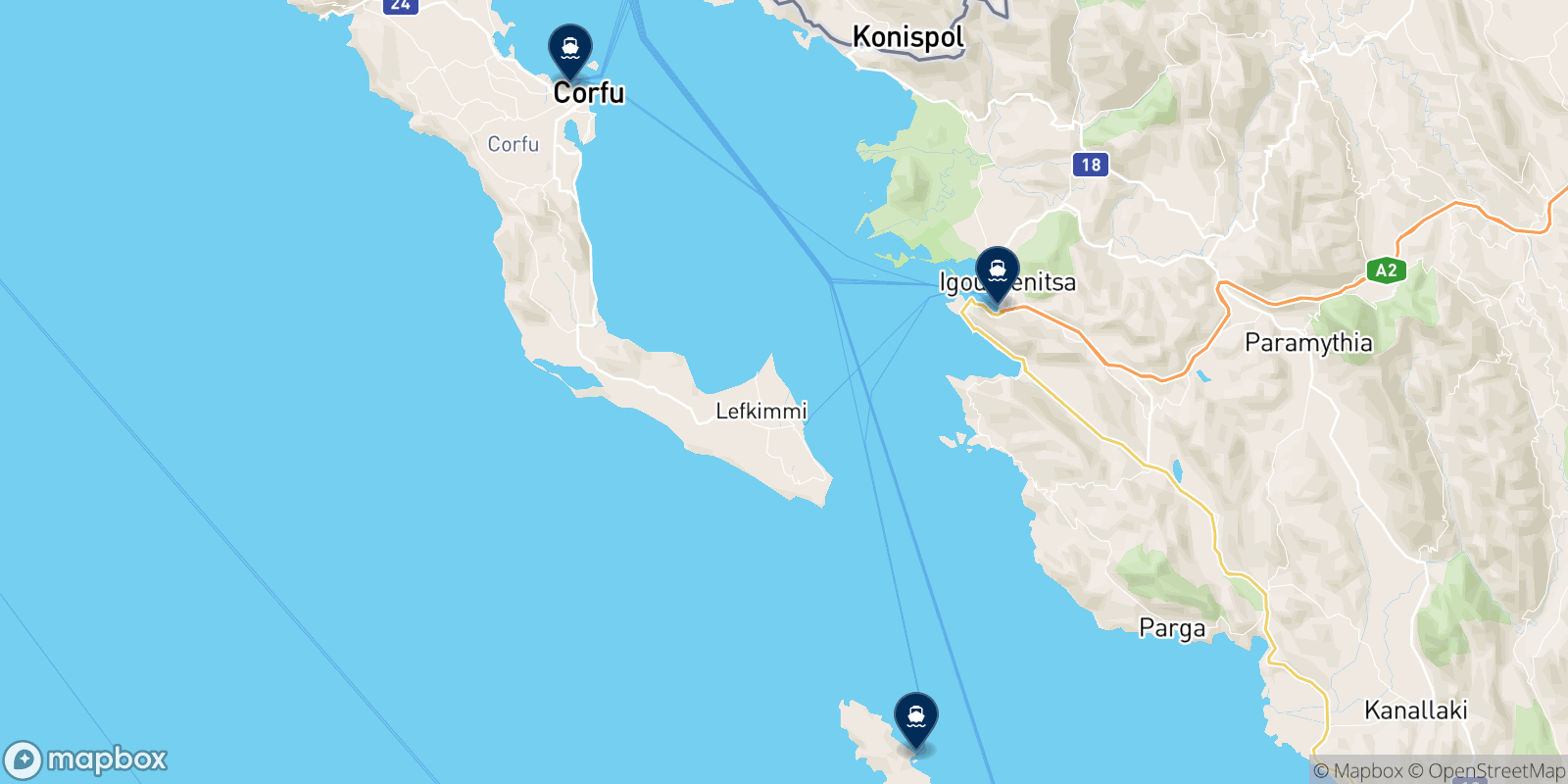 Mapa de los destinos Kerkyra Seaways