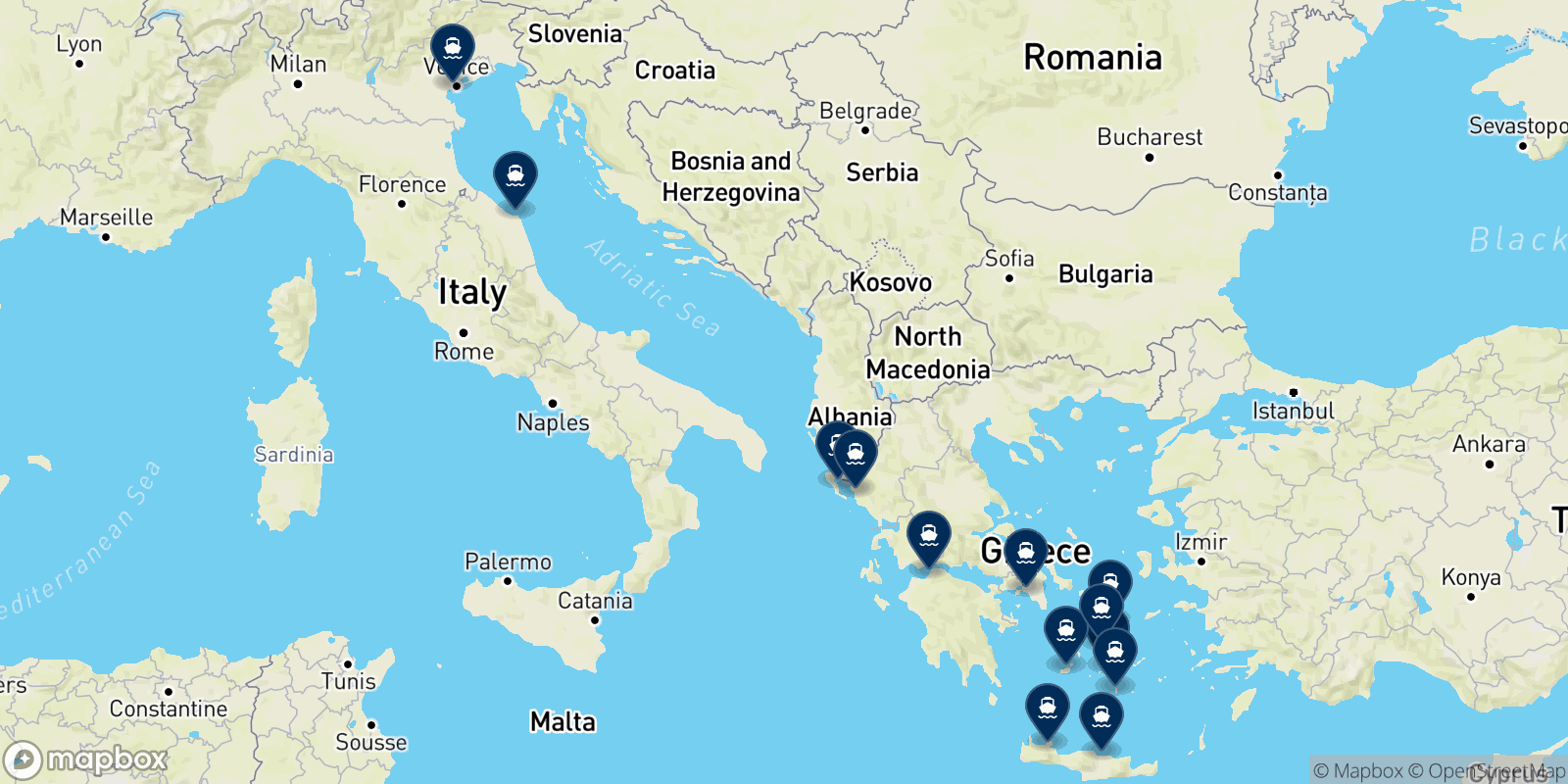 Mapa de los destinos Minoan Lines / Grimaldi Euromed