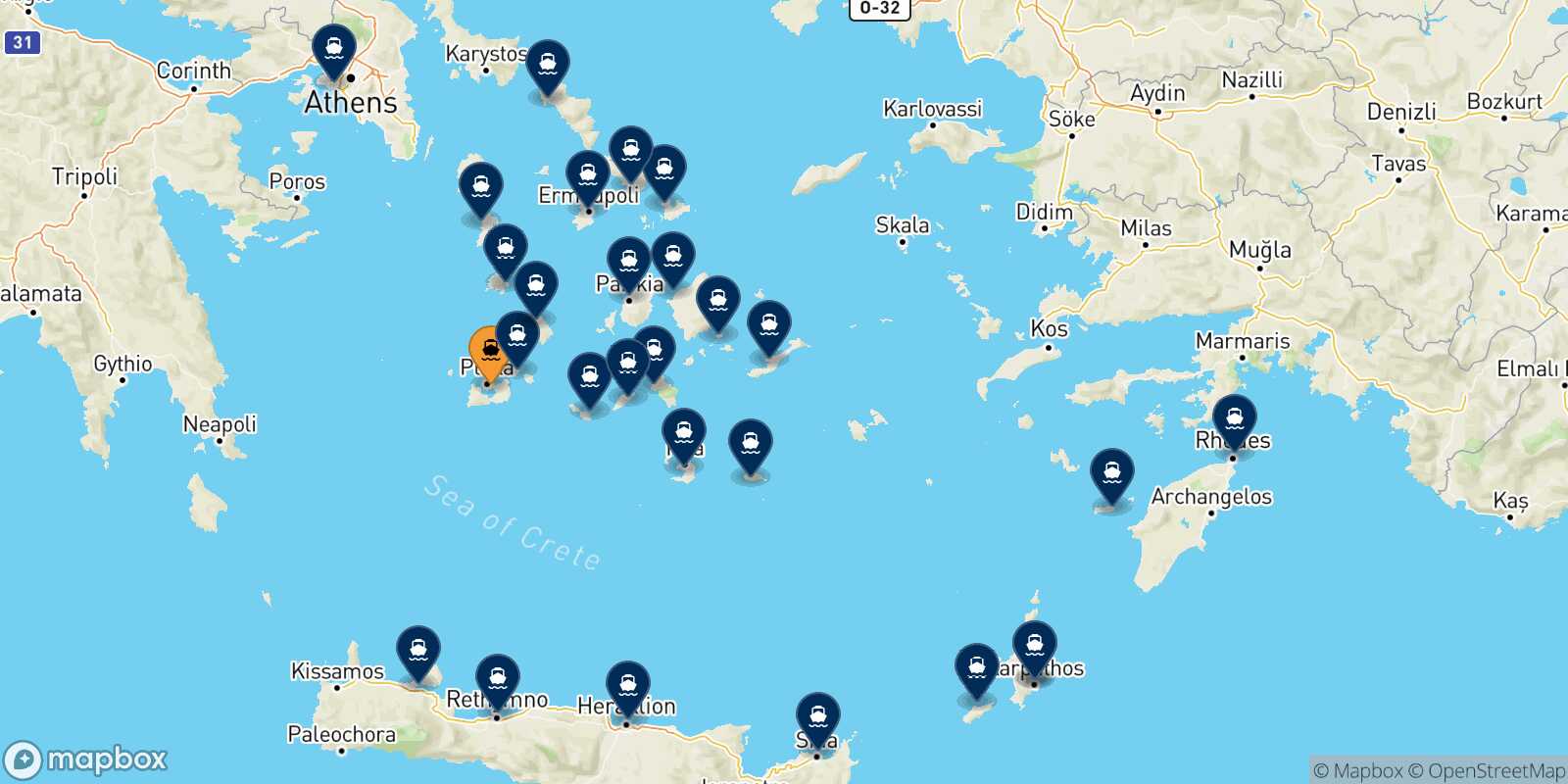 Mapa de los destinos alcanzables de Milos