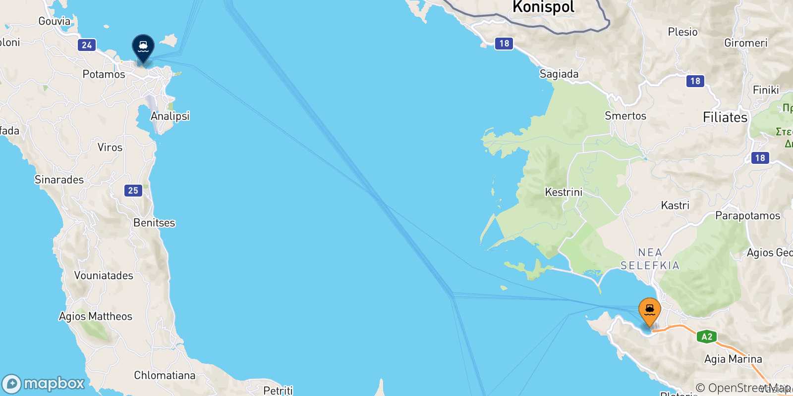 Mapa de las posibles rutas entre Igoumenitsa y  Islas Jonicas