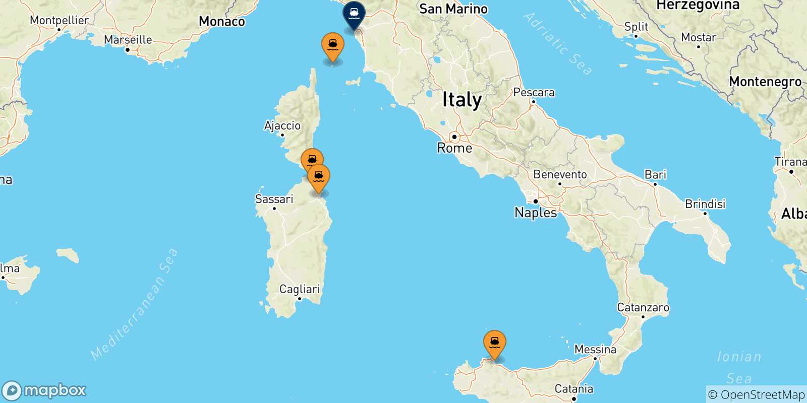 Mapa de las posibles rutas entre Italia y  Livorno