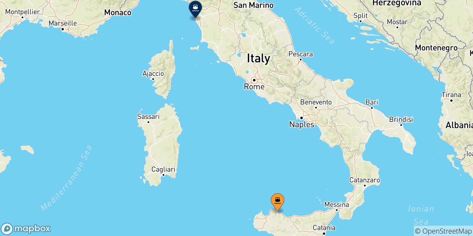 Mapa de las posibles rutas entre Sicilia y  Livorno