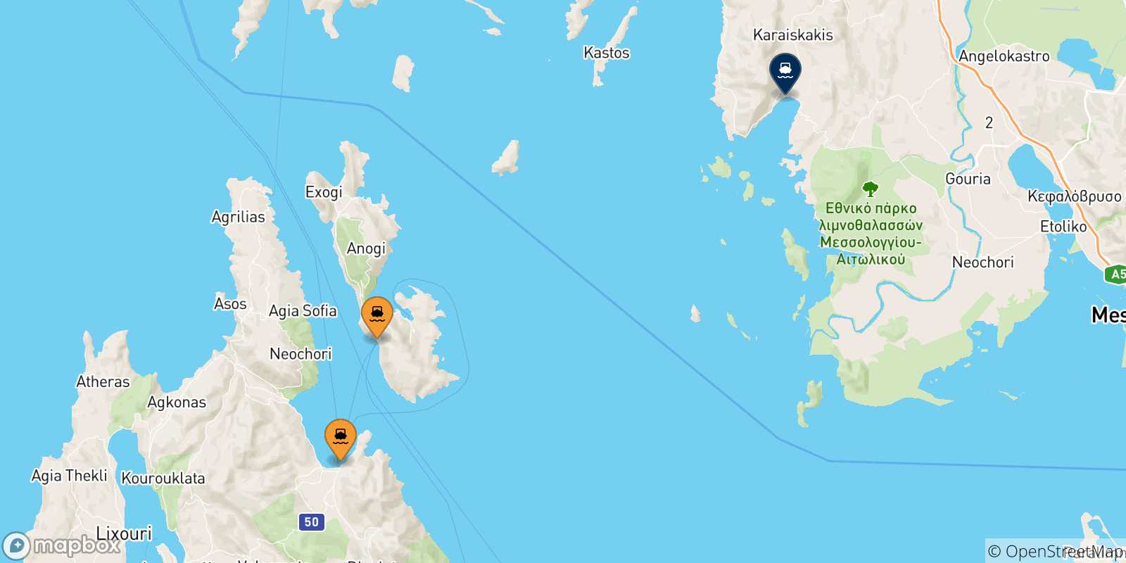 Mapa de las posibles rutas entre Islas Jonicas y  Astakos