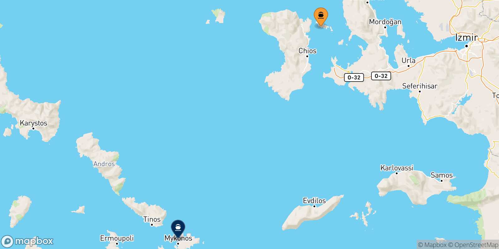 Mapa de la ruta Inousses Mykonos