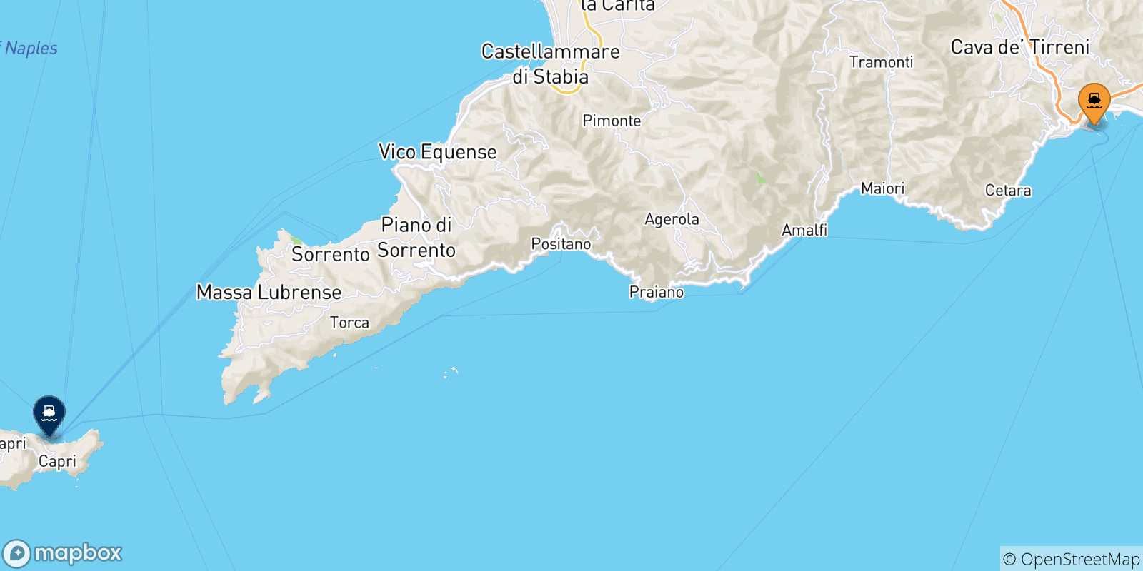 Mapa de las posibles rutas entre Salerno y  Golfo De Nápoles