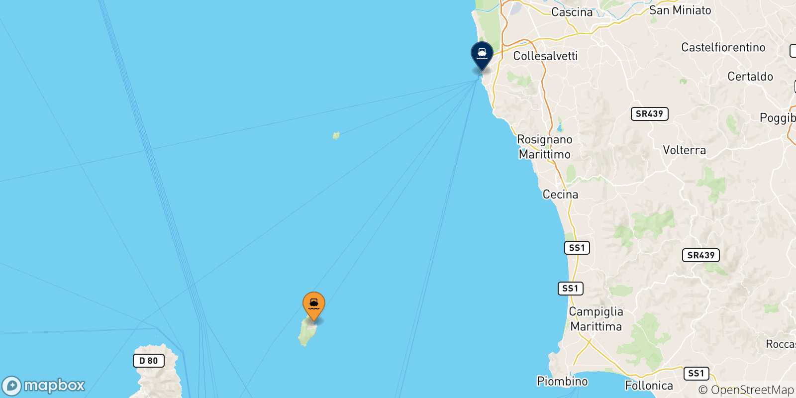 Mapa de las posibles rutas entre Isla De Capraia y  Italia
