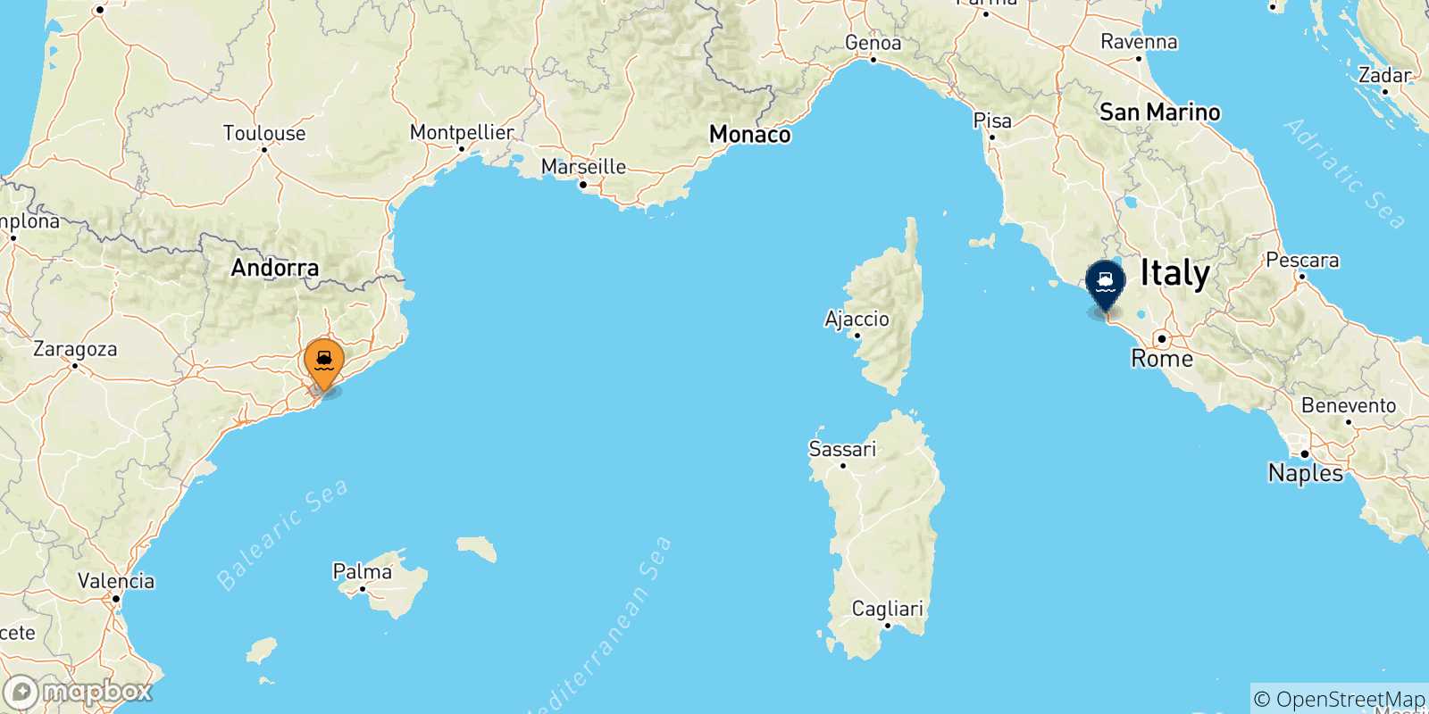 Mapa de las posibles rutas entre España y  Civitavecchia