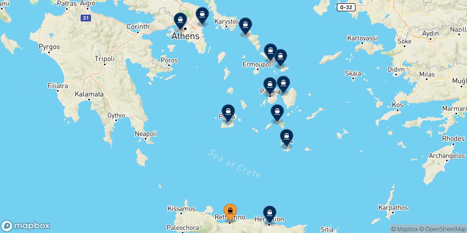 Mapa de los destinos alcanzables de Rethimno
