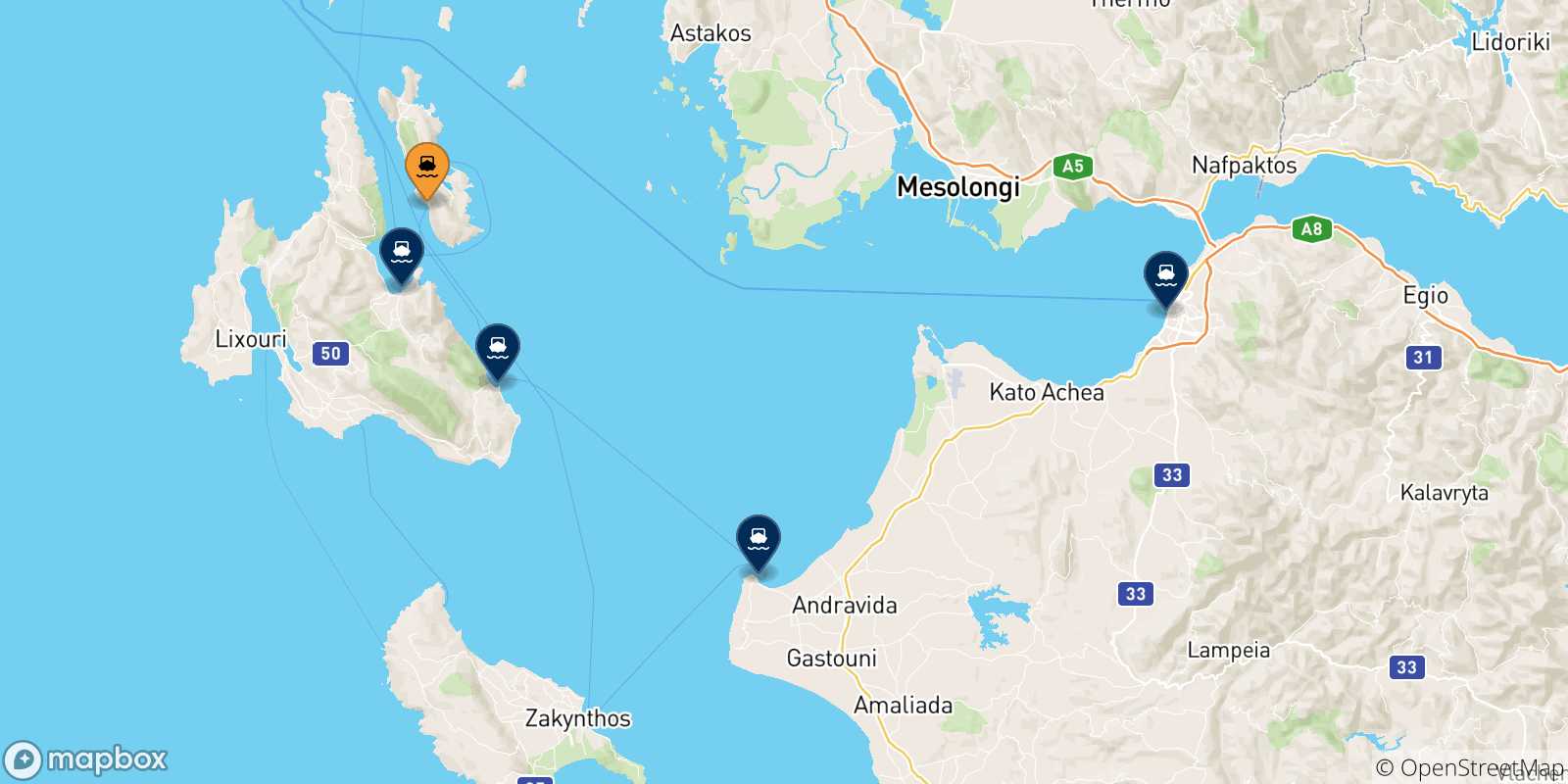 Mapa de las posibles rutas entre Pisaetos (Itaca) y  Grecia