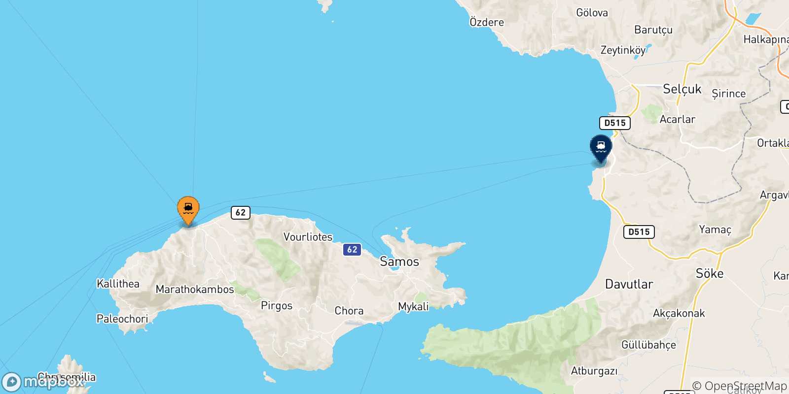 Mapa de las posibles rutas entre Pythagorio (Samos) y  Turquía