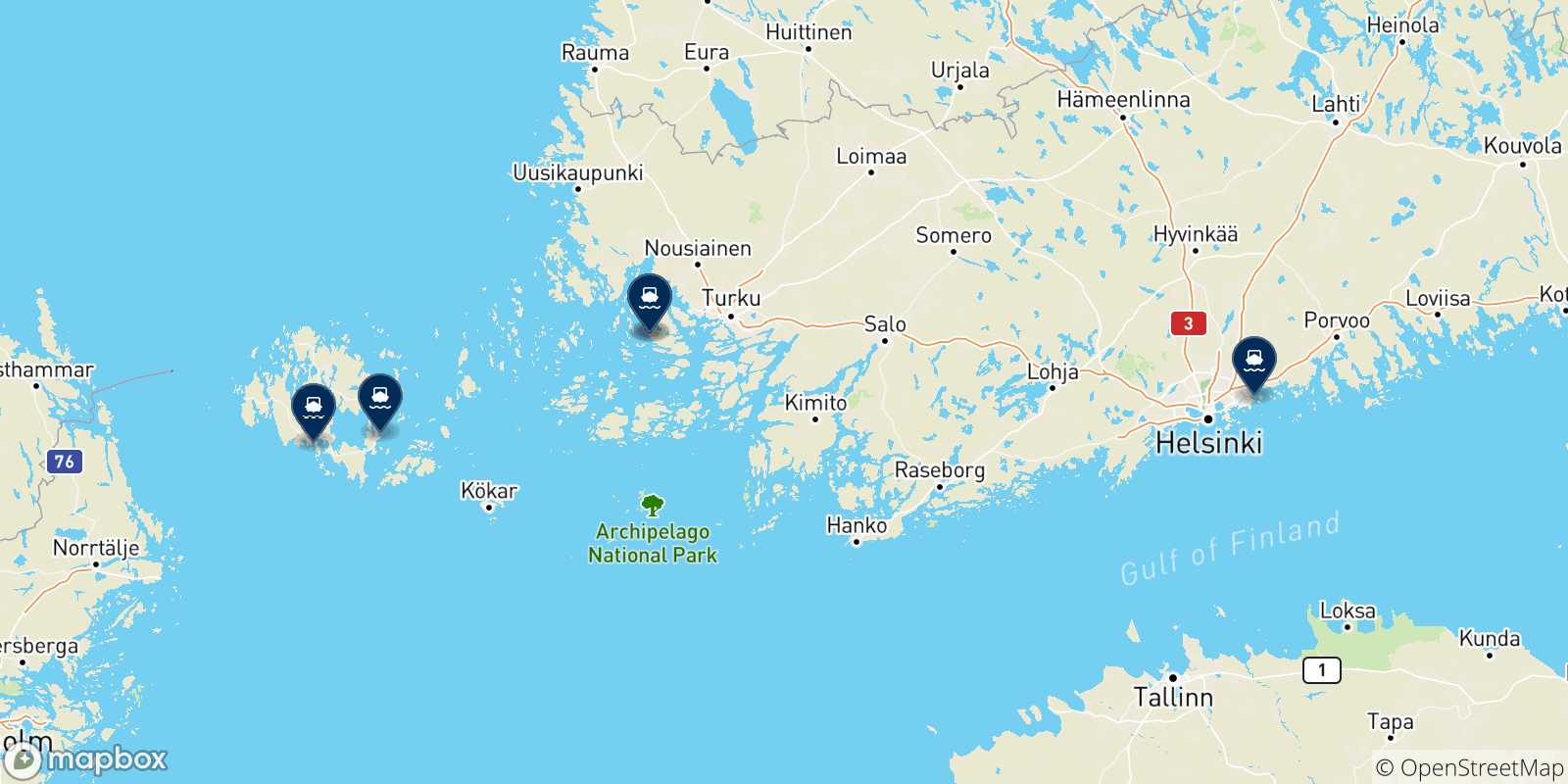 Mapa de las posibles rutas entre Finlandia y  Finlandia