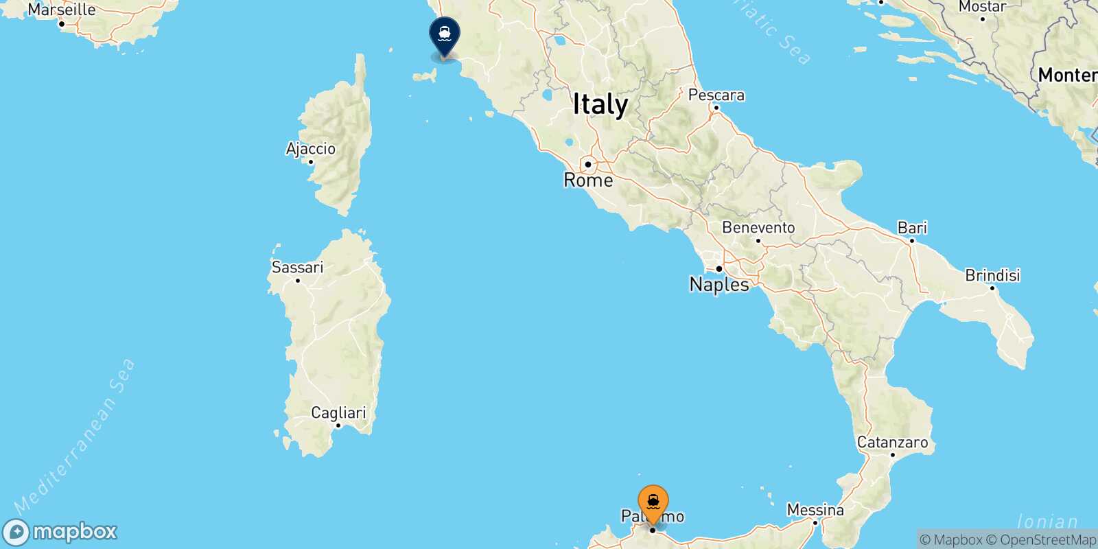 Mapa de la ruta Palermo Piombino