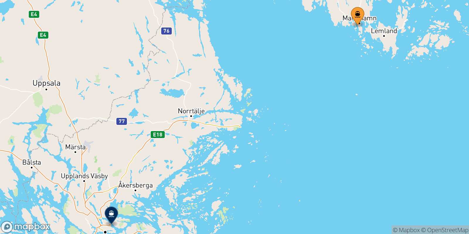Mapa de la ruta Mariehamn Estocolmo