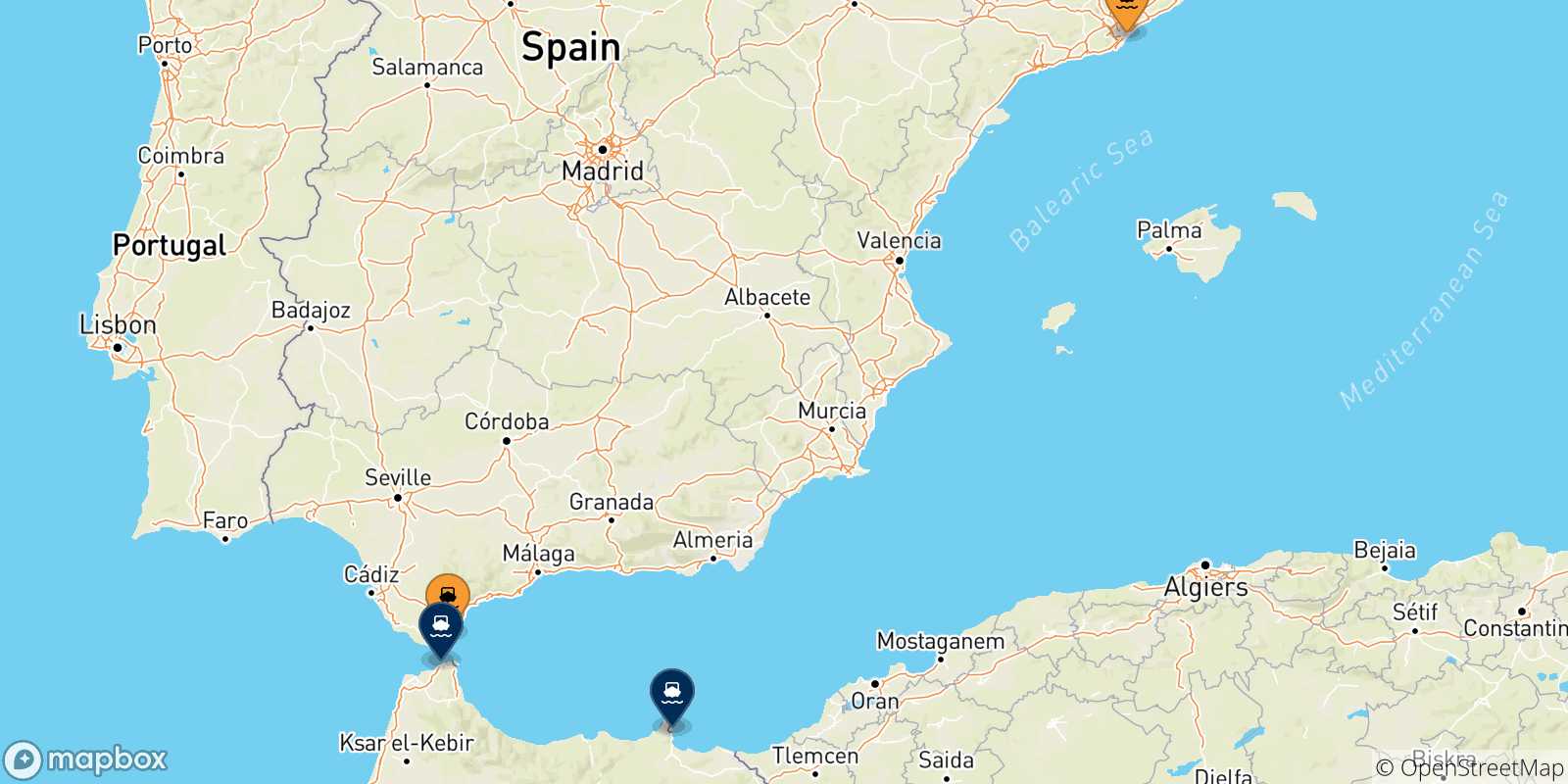 Mapa de las posibles rutas entre España y  Marruecos