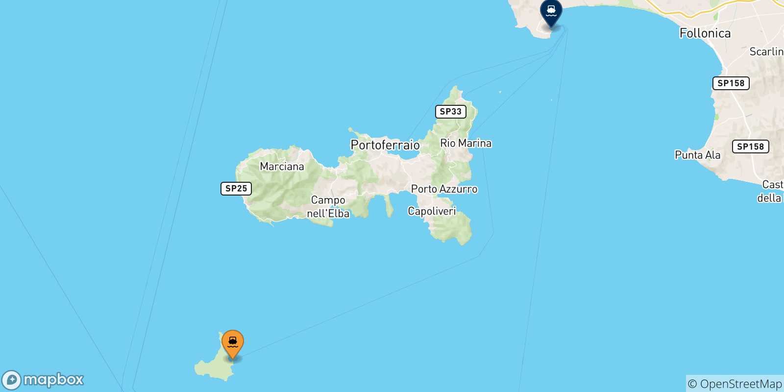 Mapa de las posibles rutas entre Isla De Pianosa y  Piombino
