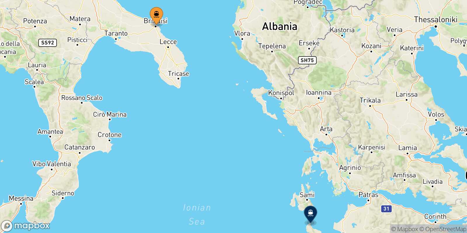 Mapa de la ruta Brindisi Zakynthos