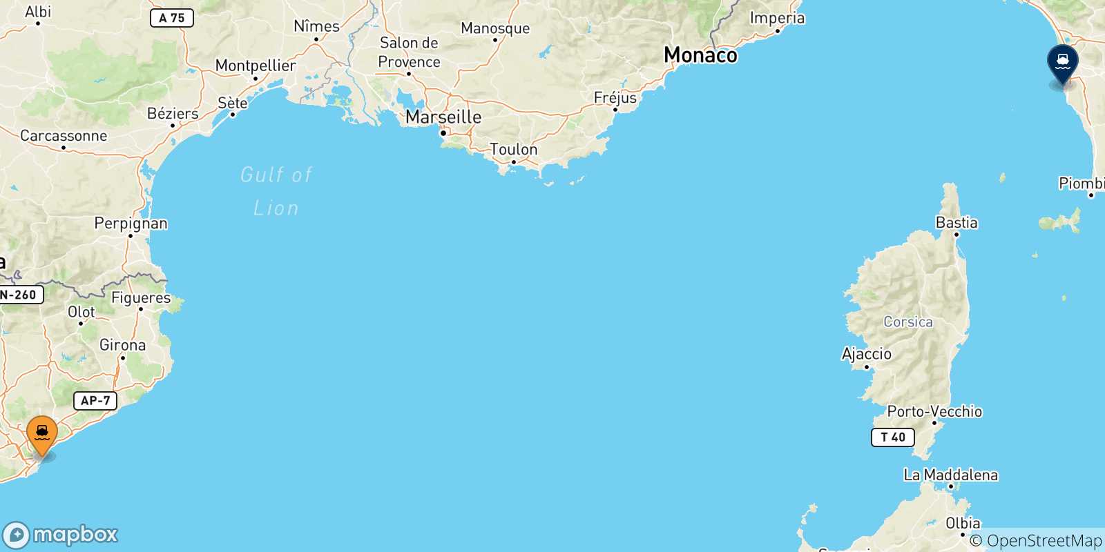 Mapa de las posibles rutas entre España y  Livorno