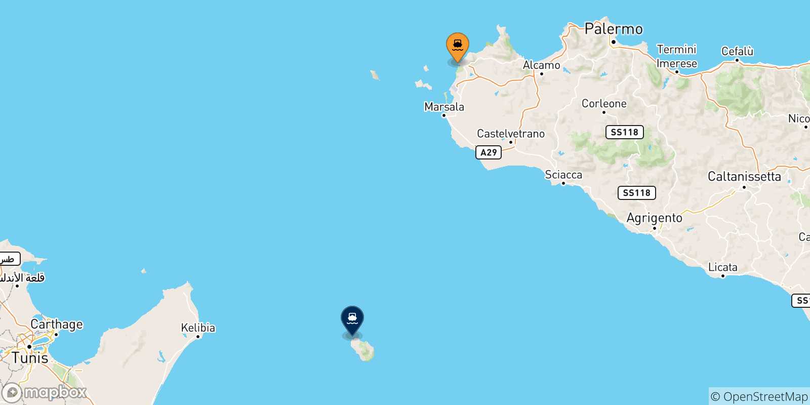 Mapa de las posibles rutas entre Sicilia y  Pantelaria
