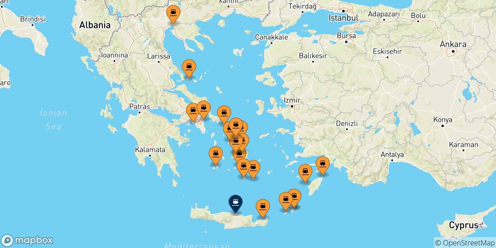 Mapa de las posibles rutas entre Grecia y  Heraklion