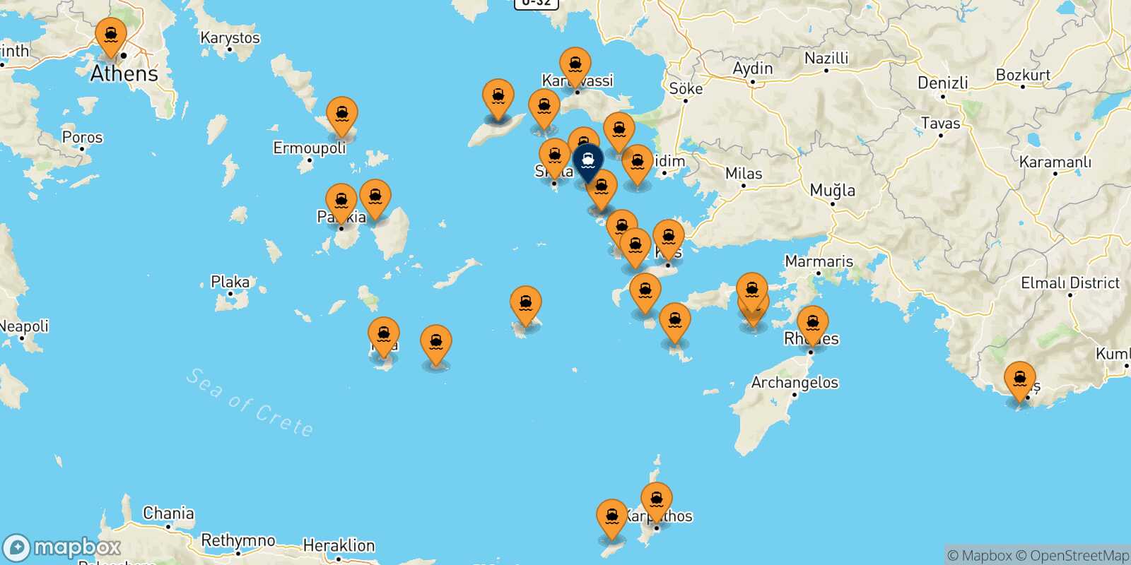Mapa de los puertos conectados con  Lipsi