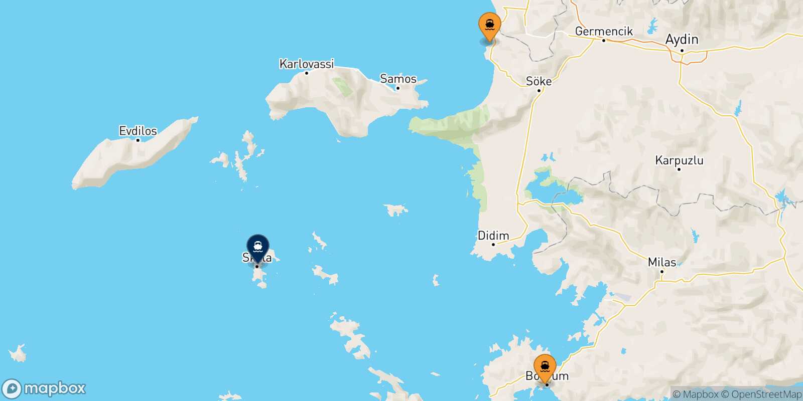 Mapa de los puertos conectados con  Patmos