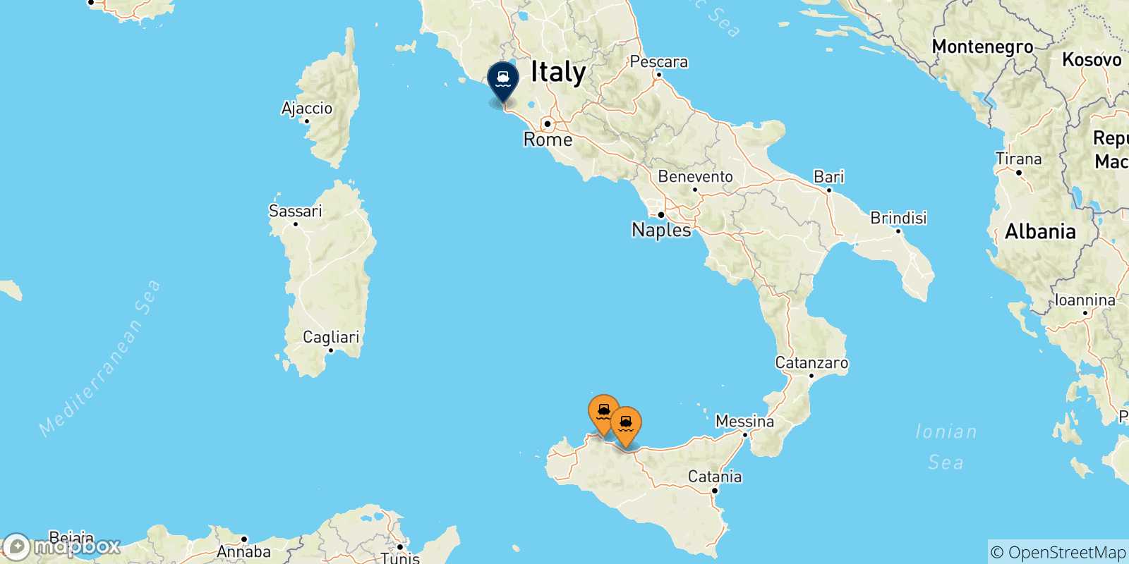 Mapa de las posibles rutas entre Sicilia y  Civitavecchia