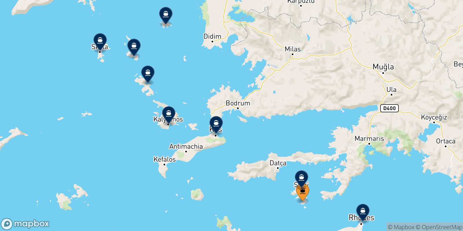Mapa de los destinos alcanzables de Panormitis (Symi)