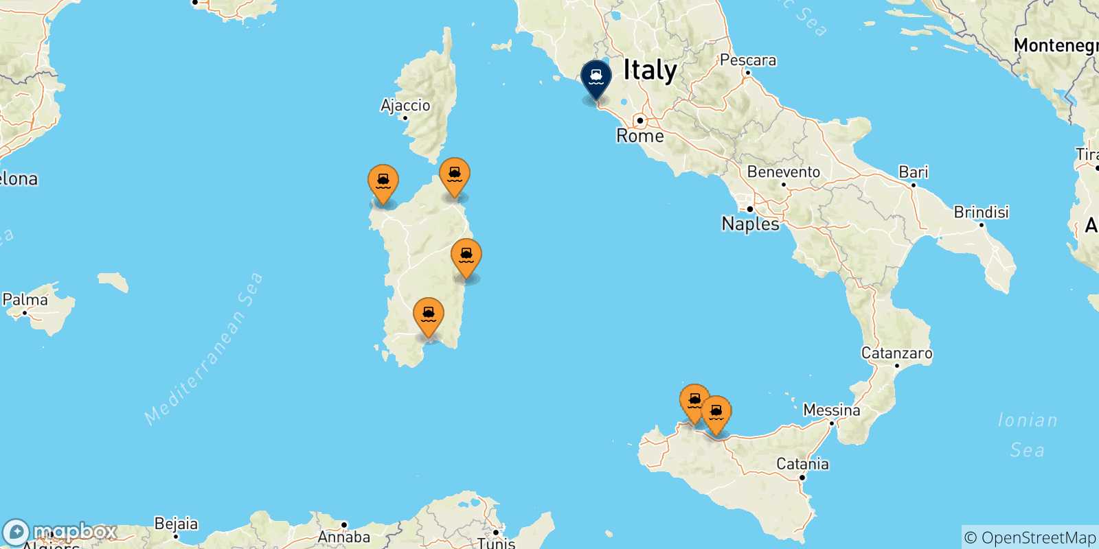 Mapa de las posibles rutas entre Italia y  Civitavecchia