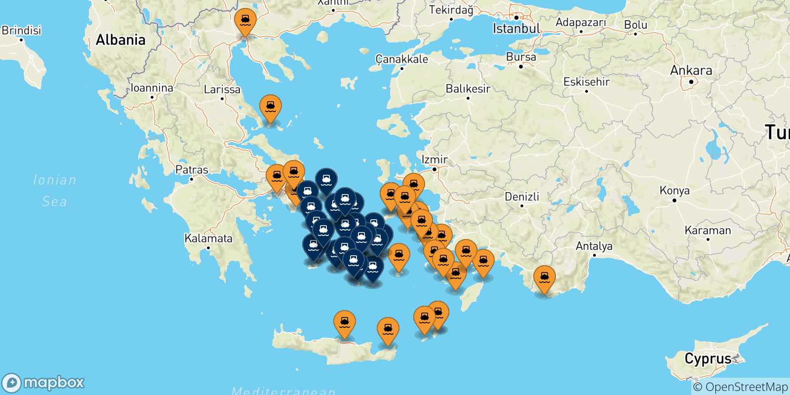 Mapa de las posibles rutas entre Grecia y  Las Cicladas
