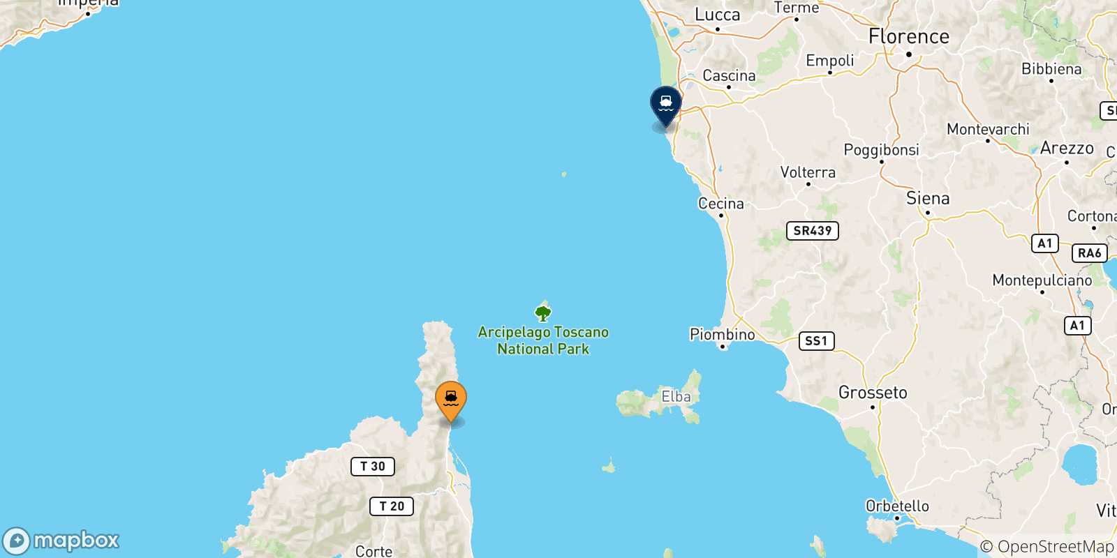 Mapa de las posibles rutas entre Córcega y  Livorno