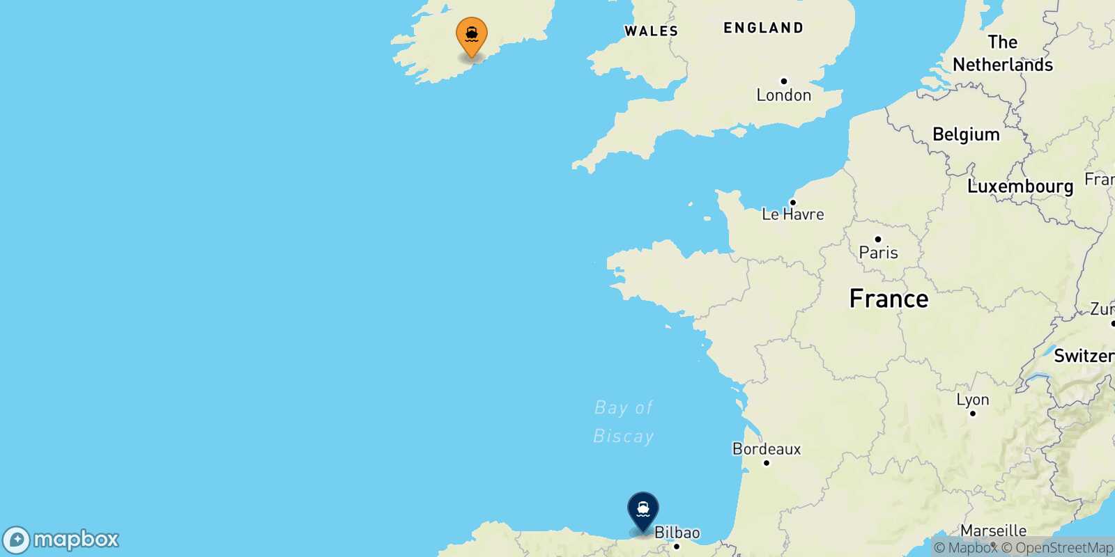 Mapa de los destinos alcanzables de Cork