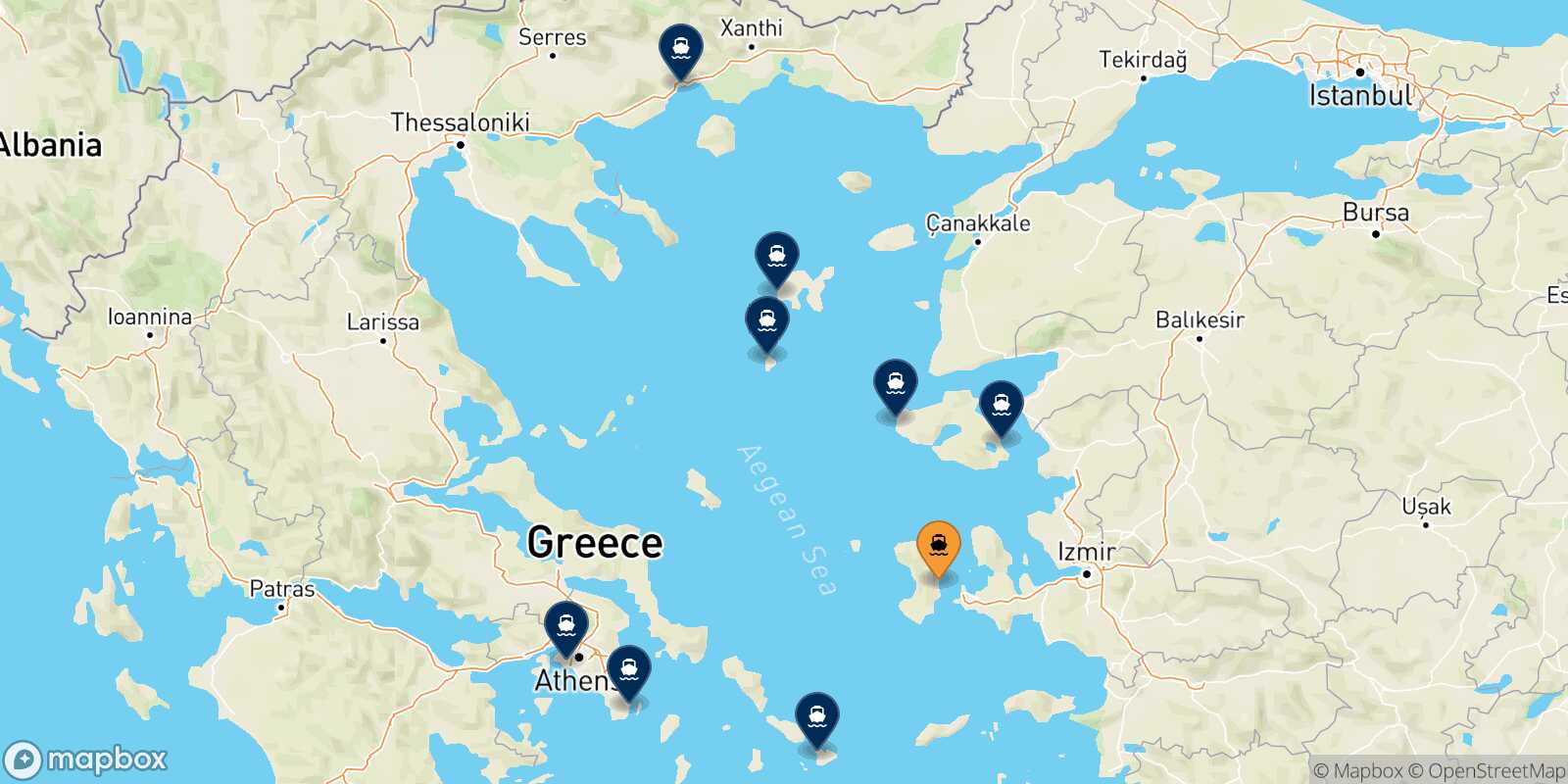 Mapa de los destinos alcanzables de Mesta Chios