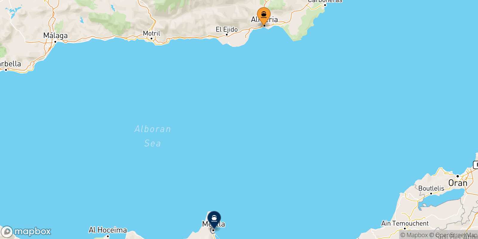 Mapa de los destinos alcanzables de Almería