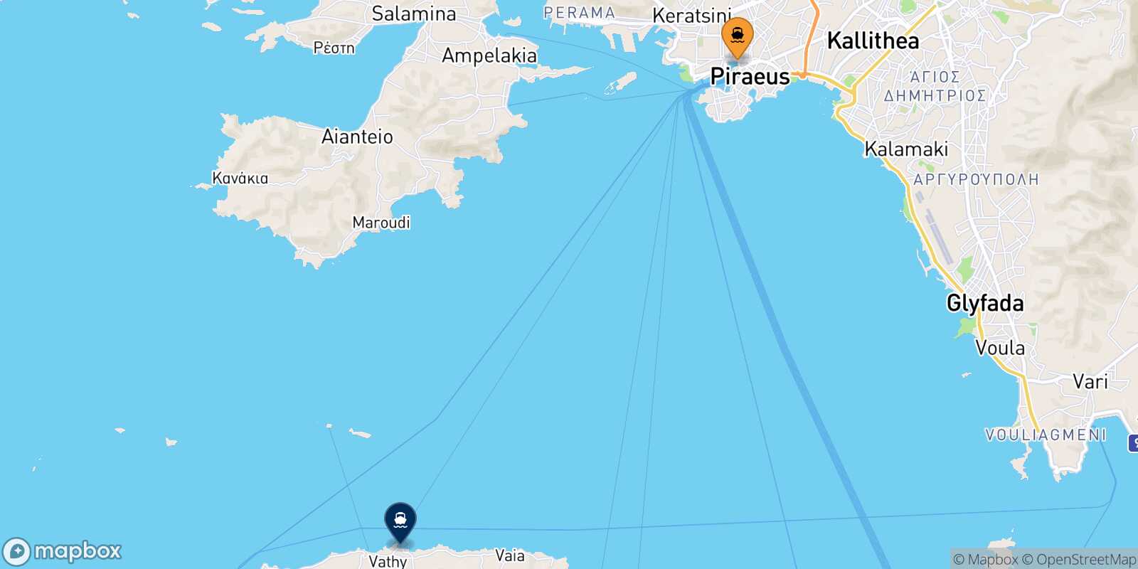 Mapa de la ruta El Pireo Souvala (Aegina)