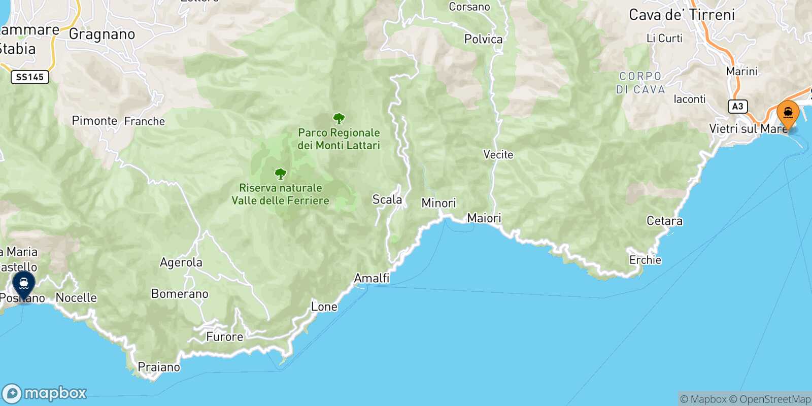 Mapa de la ruta Salerno Positano
