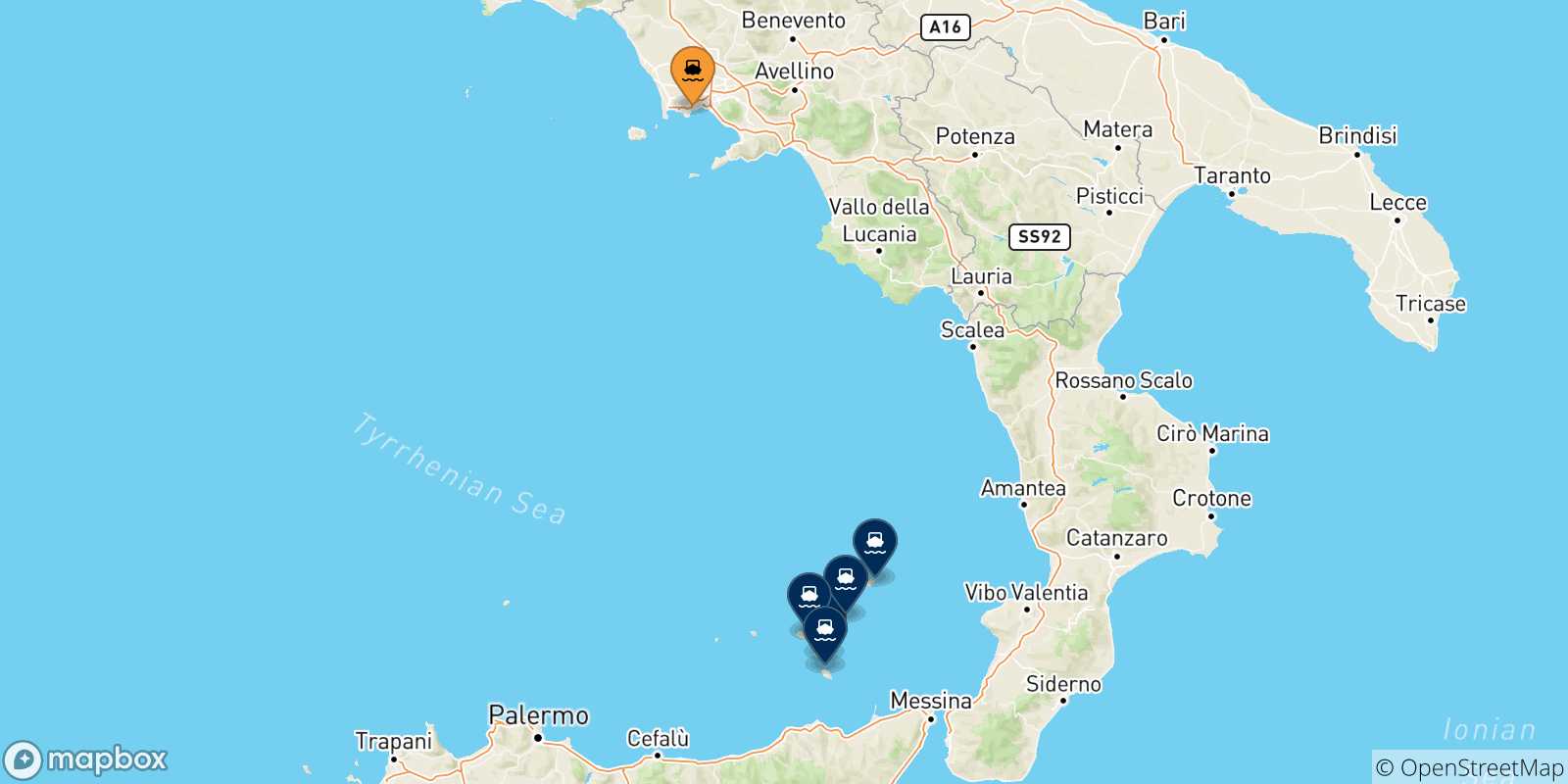 Mapa de las posibles rutas entre Nápoles Mergellina y  Islas Eólicas