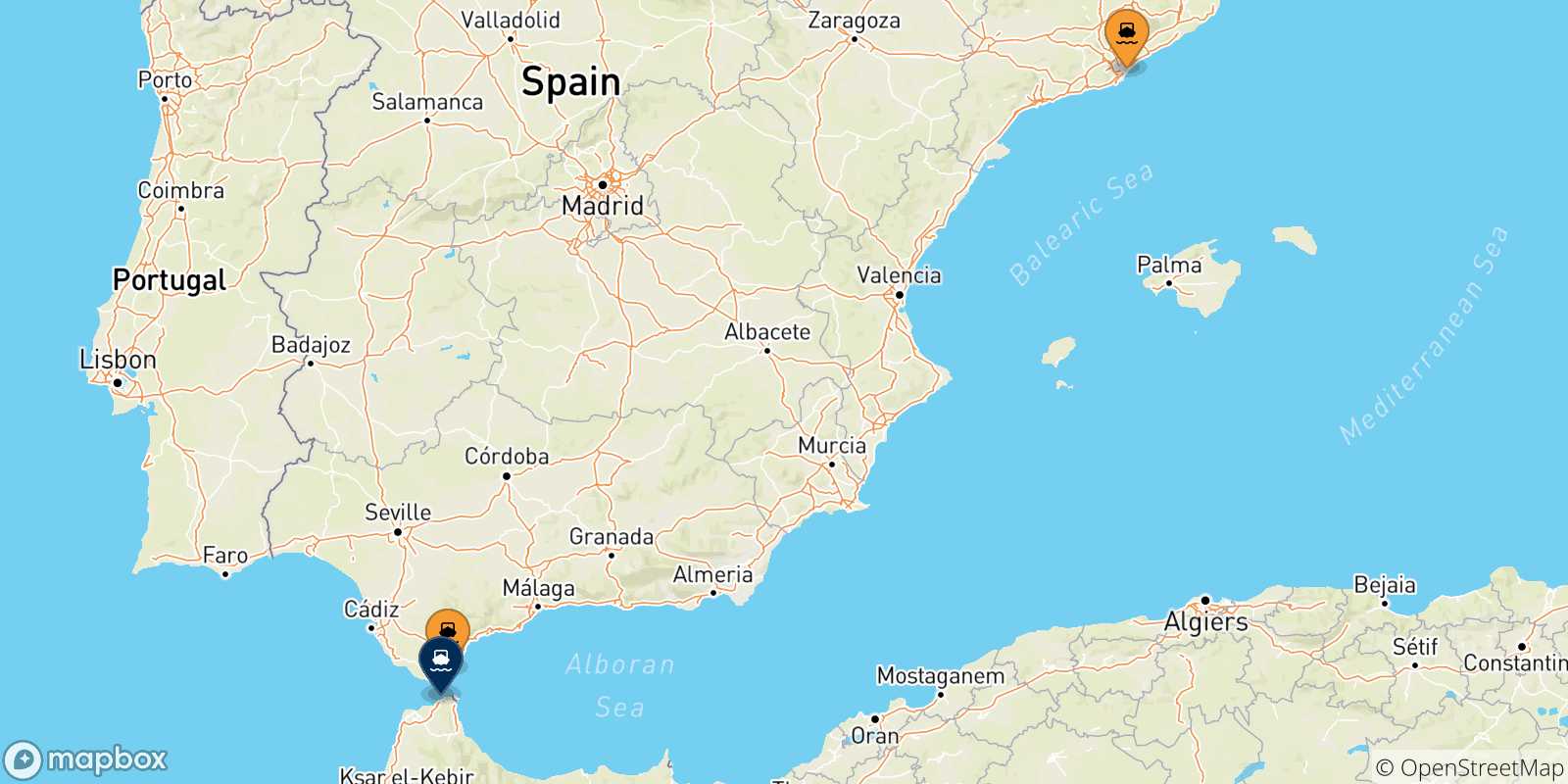 Mapa de las posibles rutas entre España y  Tánger Med