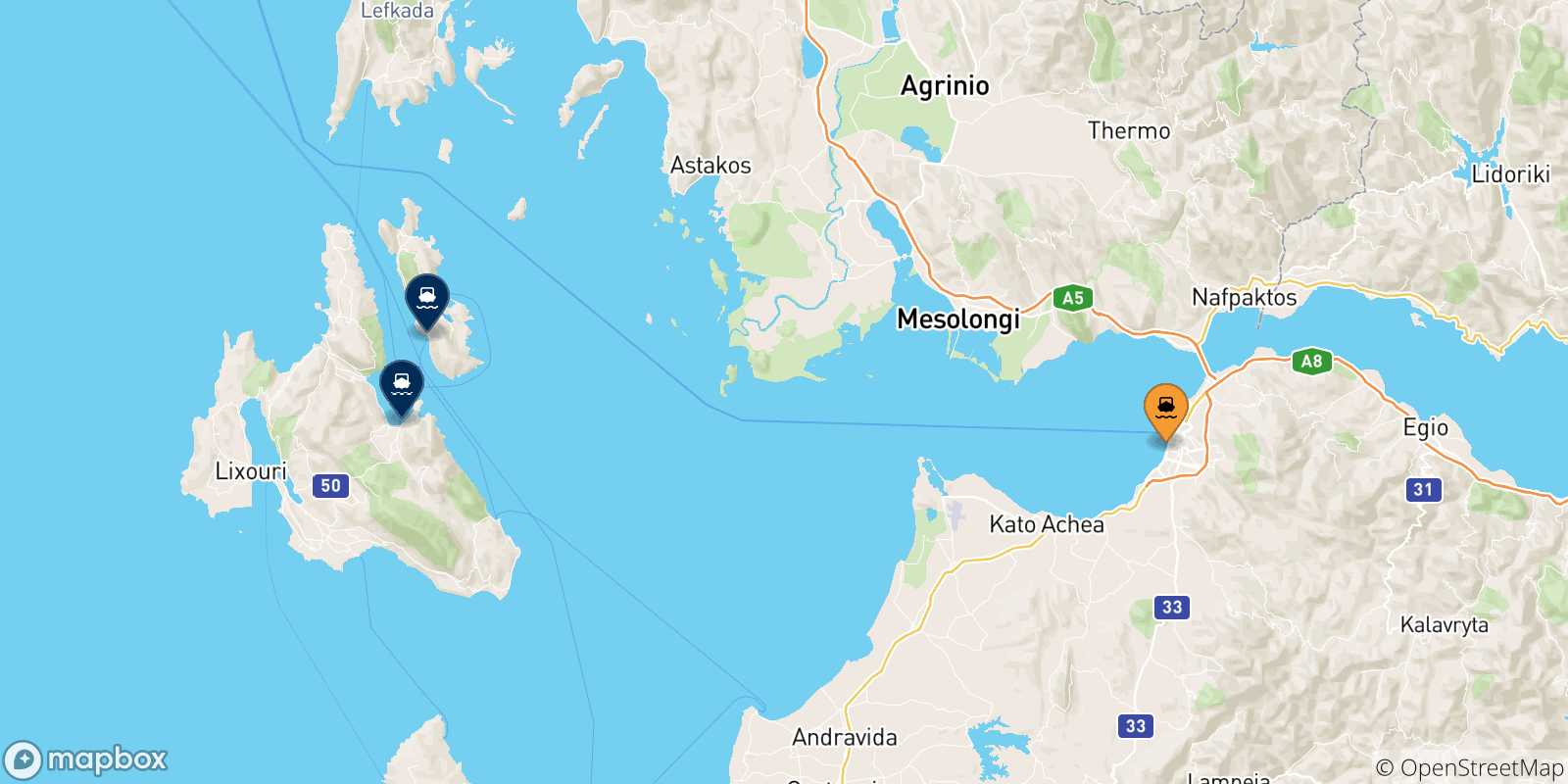 Mapa de las posibles rutas entre Patras y  Grecia