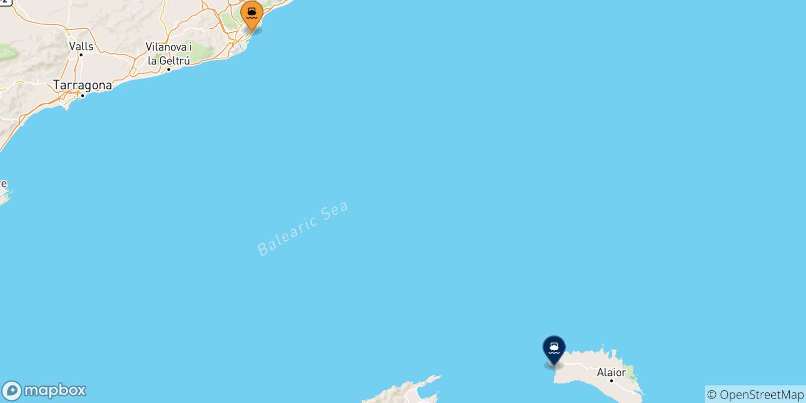 Mapa de las posibles rutas entre España y  Ciudadela (Menorca)