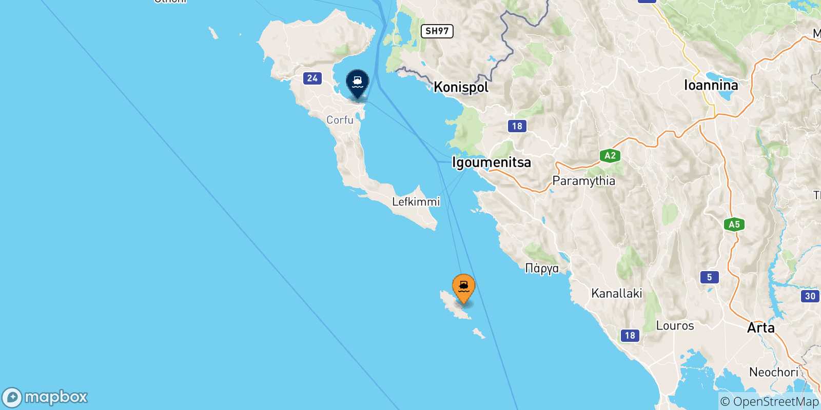 Mapa de las posibles rutas entre Grecia y  Corfu