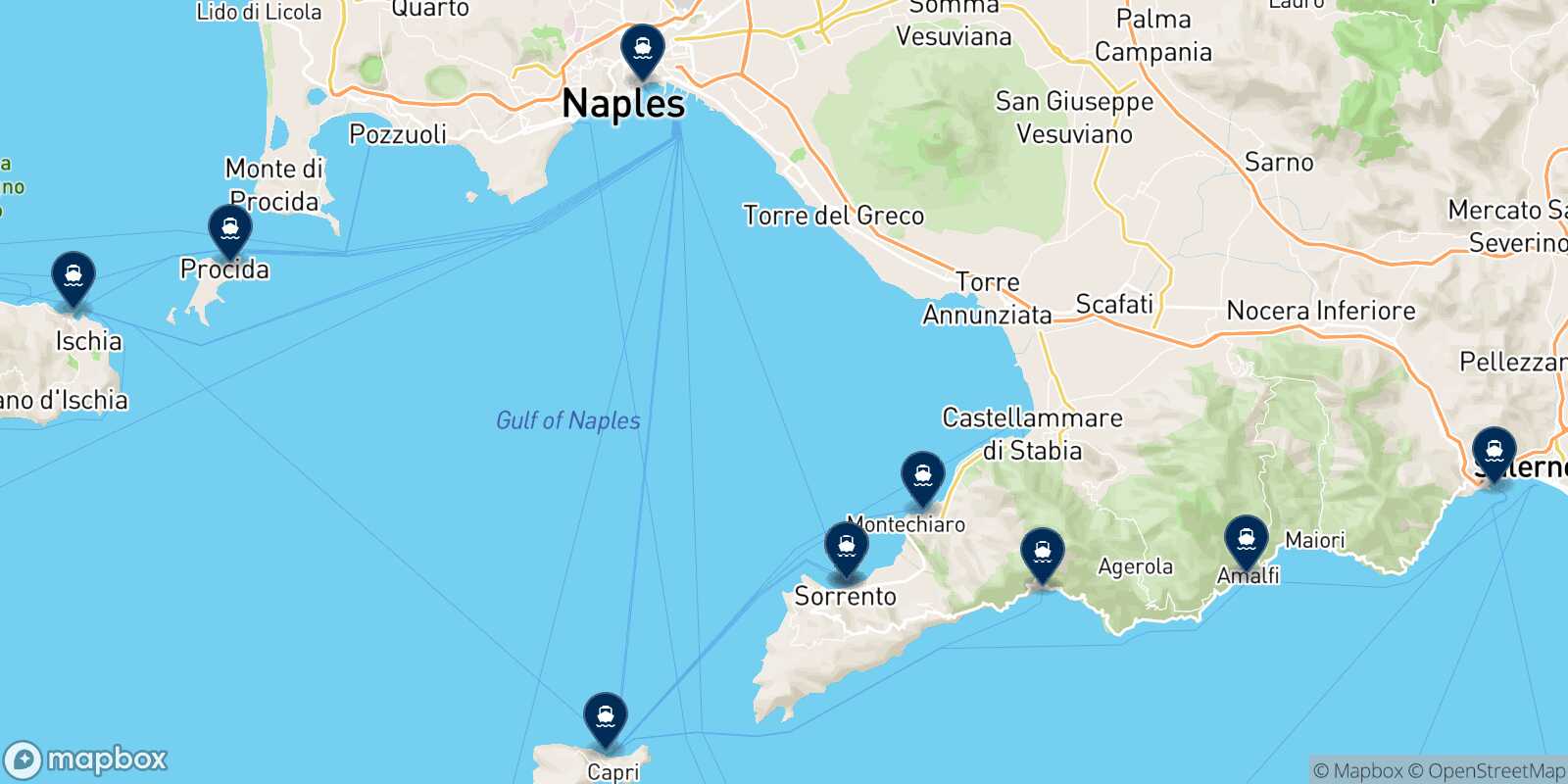 Mapa de los destinos alcanzables de Sorrento