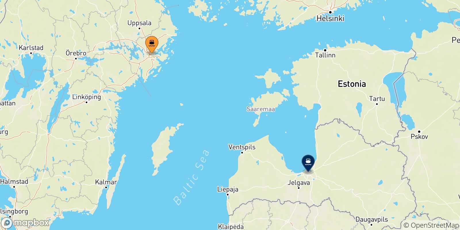 Mapa de las posibles rutas entre Suecia y  Riga