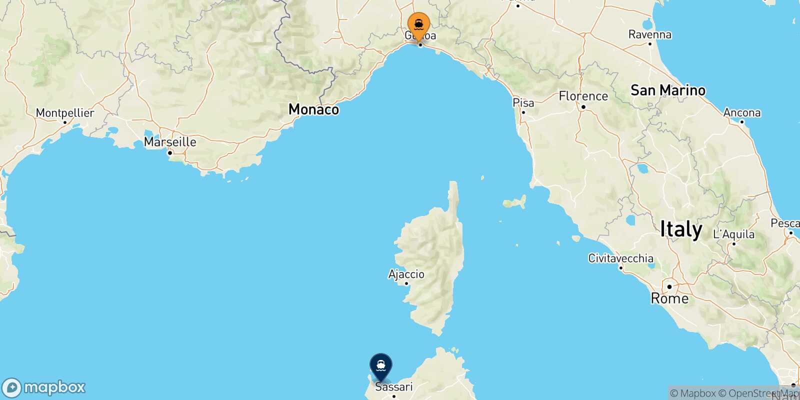 Mapa de la ruta Genova Porto Torres