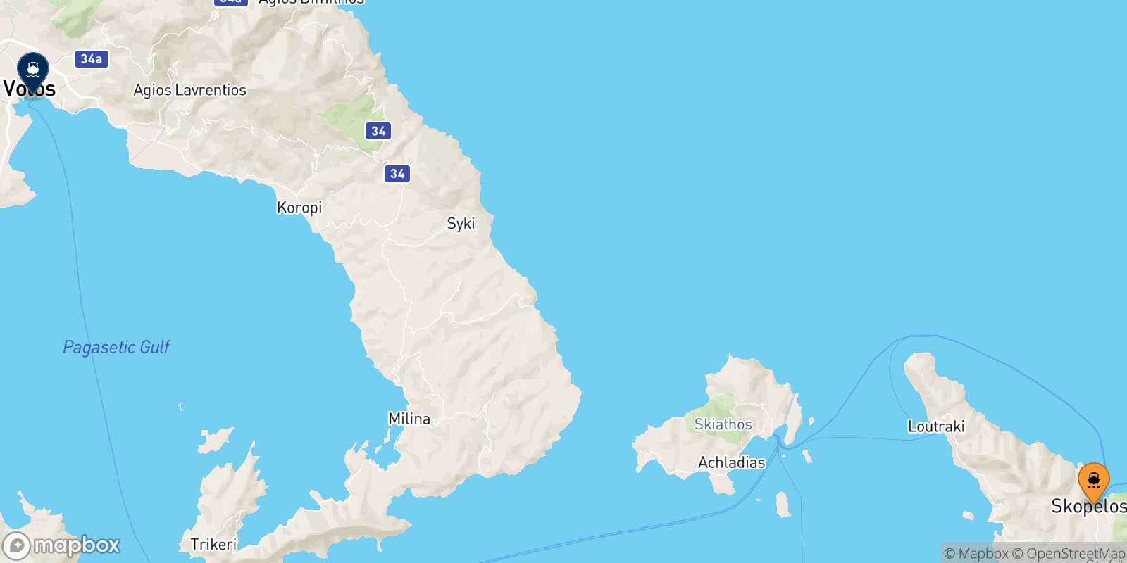 Mapa de la ruta Skopelos Volos