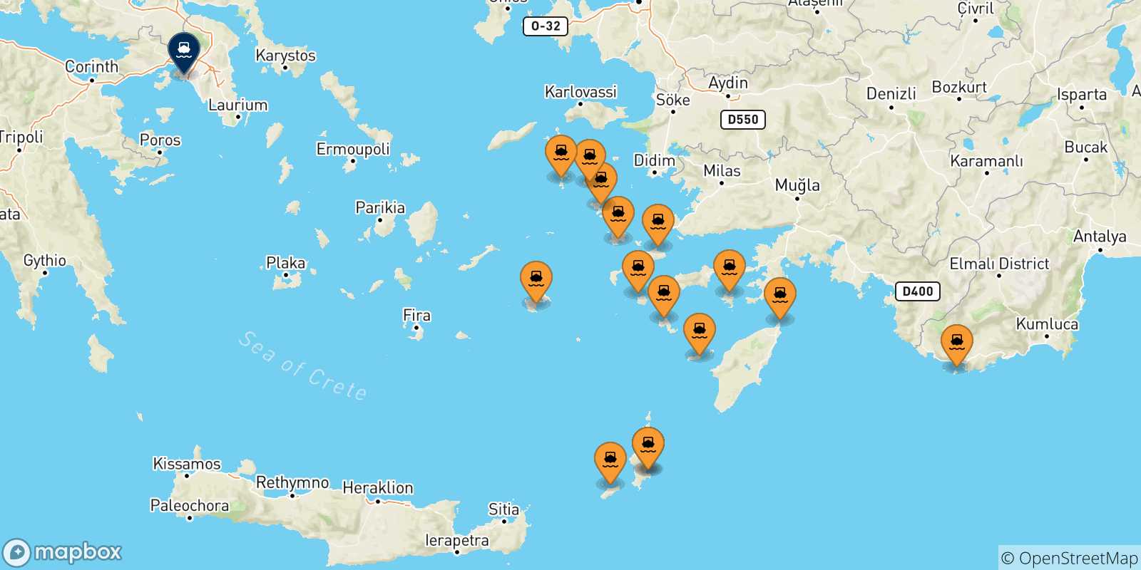 Mapa de las posibles rutas entre Dodecaneso y  El Pireo