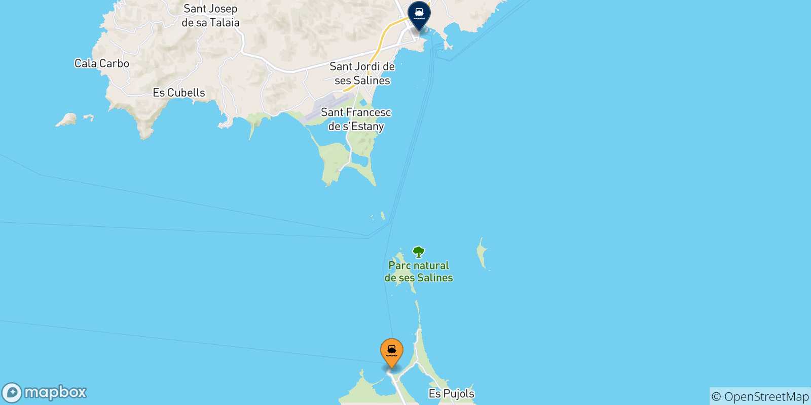 Mapa de las posibles rutas entre Formentera y  Islas Baleares