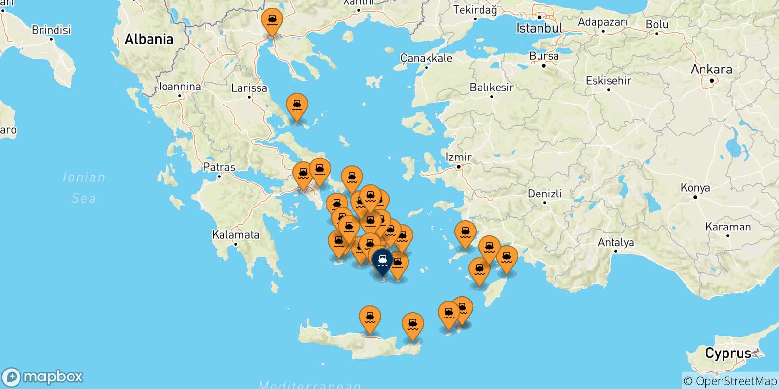 Mapa de las posibles rutas entre Grecia y  Santorini